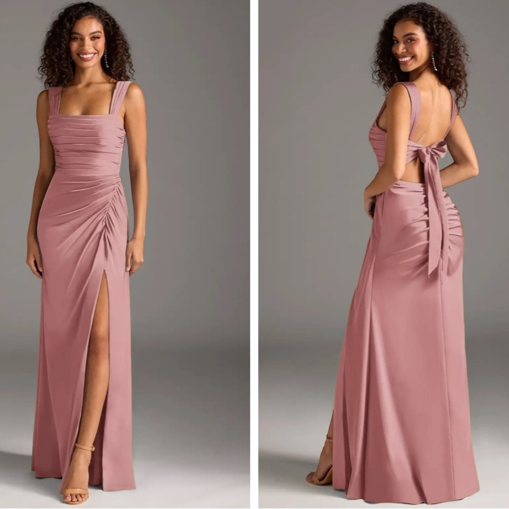 Azazie Mauve Pink Ruched Maxi Dress with Back Tie and Side Slit